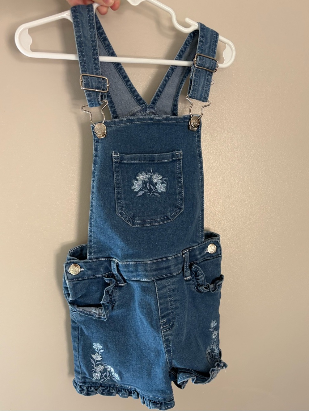 Denim Floral Embroidered girls Overalls - Blue